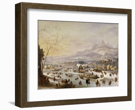 An Extensive River Landscape, with Numerous Figures Skating Outside a Town-Robert Griffier-Framed Giclee Print