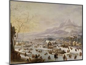 An Extensive River Landscape, with Numerous Figures Skating Outside a Town-Robert Griffier-Mounted Giclee Print