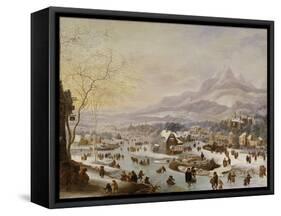 An Extensive River Landscape, with Numerous Figures Skating Outside a Town-Robert Griffier-Framed Stretched Canvas