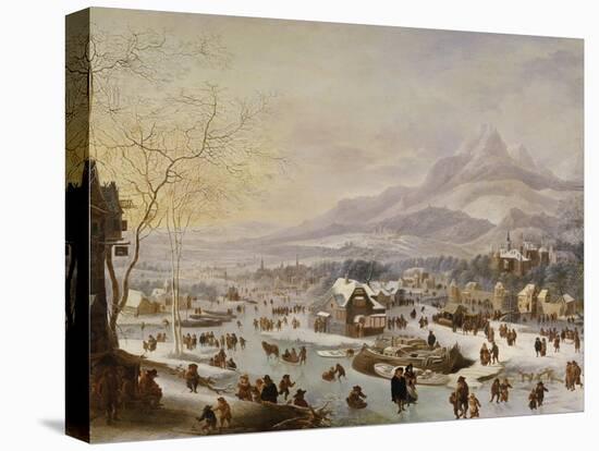 An Extensive River Landscape, with Numerous Figures Skating Outside a Town-Robert Griffier-Stretched Canvas