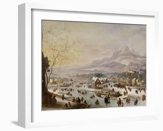 An Extensive River Landscape, with Numerous Figures Skating Outside a Town-Robert Griffier-Framed Giclee Print