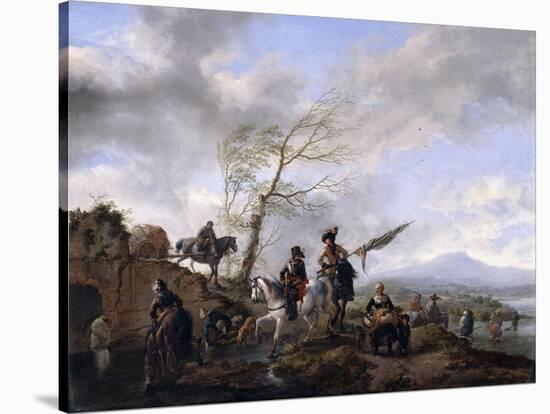 An Extensive River Landscape with Soldiers and a Standard Bearer Watering their Horses-Philips Wouwermans-Stretched Canvas