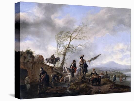 An Extensive River Landscape with Soldiers and a Standard Bearer Watering their Horses-Philips Wouwermans-Stretched Canvas