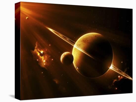An Extraterrestrial Spacecraft Approaches a World That Lies Between Two Bright Suns-Stocktrek Images-Stretched Canvas