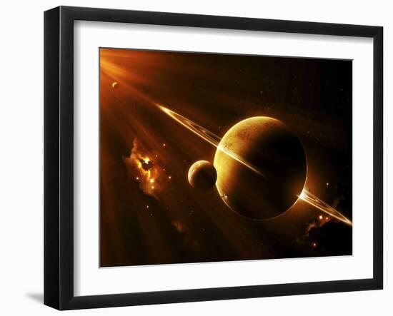 An Extraterrestrial Spacecraft Approaches a World That Lies Between Two Bright Suns-Stocktrek Images-Framed Premium Photographic Print