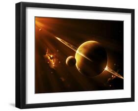 An Extraterrestrial Spacecraft Approaches a World That Lies Between Two Bright Suns-Stocktrek Images-Framed Premium Photographic Print