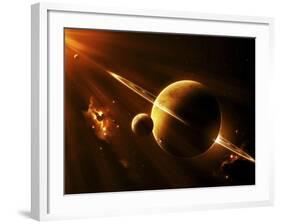 An Extraterrestrial Spacecraft Approaches a World That Lies Between Two Bright Suns-Stocktrek Images-Framed Photographic Print