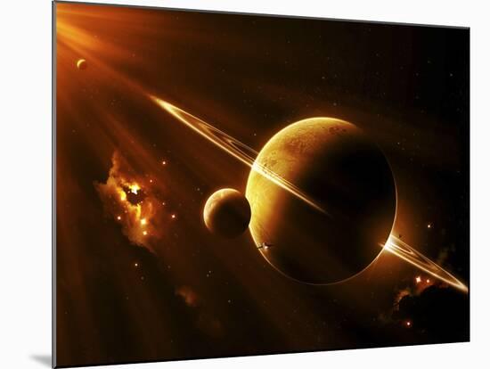 An Extraterrestrial Spacecraft Approaches a World That Lies Between Two Bright Suns-Stocktrek Images-Mounted Photographic Print