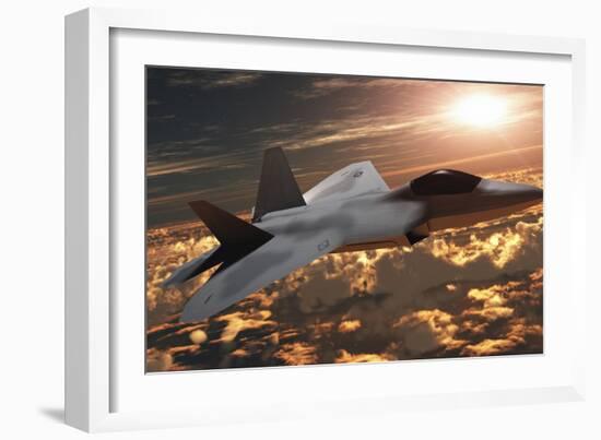 An F-22 Fighter Jet Flies at an Altitude Above the Cloud Layer on its Mission-null-Framed Art Print