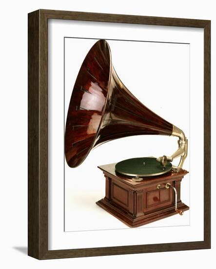 An His Master's Voice Monarch Gramophone, with Oak Case and Fluted Oak Horn, circa 1911-null-Framed Giclee Print