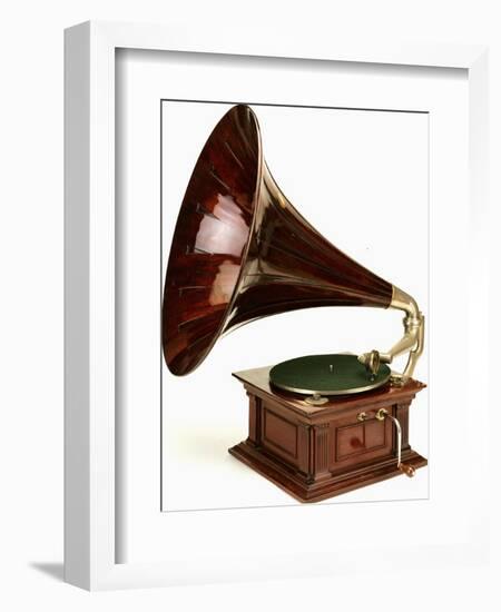 An His Master's Voice Monarch Gramophone, with Oak Case and Fluted Oak Horn, circa 1911-null-Framed Giclee Print