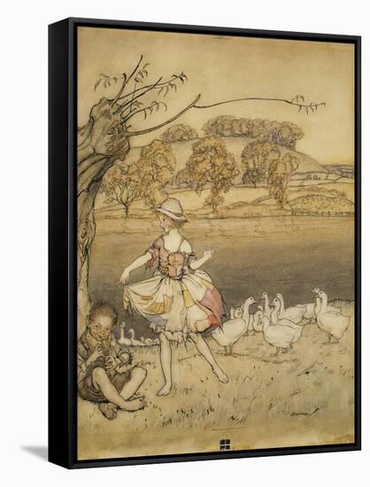 An Illustration to 'English Fairy Tales': Tattercoats Dancing While the Gooseherd Pipes-Arthur Rackham-Framed Stretched Canvas