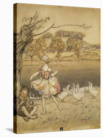 An Illustration to 'English Fairy Tales': Tattercoats Dancing While the Gooseherd Pipes-Arthur Rackham-Stretched Canvas
