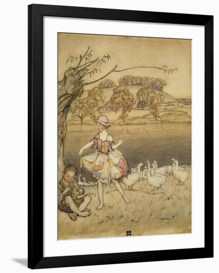 An Illustration to 'English Fairy Tales': Tattercoats Dancing While the Gooseherd Pipes-Arthur Rackham-Framed Premium Giclee Print