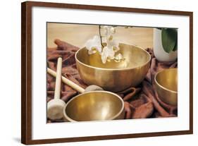 An Image of Some Singing Bowls and a White Orchid-magann-Framed Photographic Print