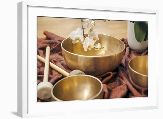 An Image of Some Singing Bowls and a White Orchid-magann-Framed Photographic Print