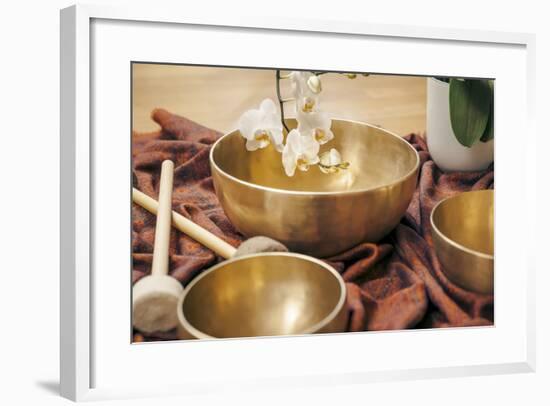 An Image of Some Singing Bowls and a White Orchid-magann-Framed Photographic Print