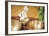 An Image of Some Singing Bowls and a White Orchid-magann-Framed Photographic Print