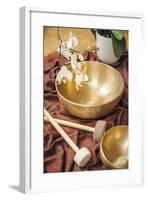 An Image of Some Singing Bowls and a White Orchid-magann-Framed Photographic Print