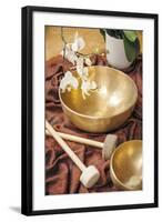 An Image of Some Singing Bowls and a White Orchid-magann-Framed Photographic Print