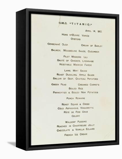 An Important First Class Passenger Menu from the R.M.S. Titanic, Cafe Parisien-null-Framed Stretched Canvas