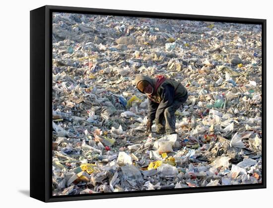 An Impoverished Mongolian Man Sorts Through Garbage at an Ulan Bator Dump-null-Framed Stretched Canvas