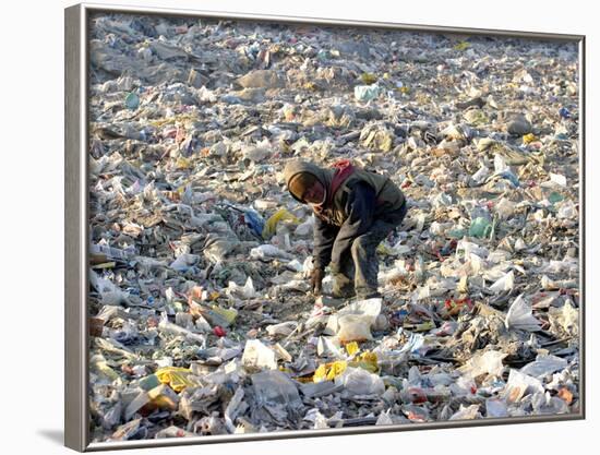 An Impoverished Mongolian Man Sorts Through Garbage at an Ulan Bator Dump-null-Framed Photographic Print