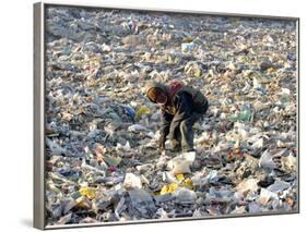 An Impoverished Mongolian Man Sorts Through Garbage at an Ulan Bator Dump-null-Framed Photographic Print