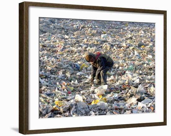 An Impoverished Mongolian Man Sorts Through Garbage at an Ulan Bator Dump-null-Framed Photographic Print