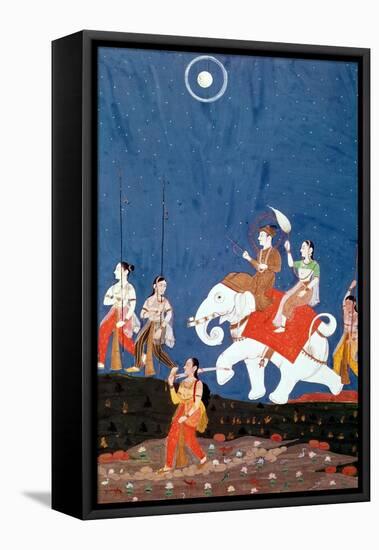 An Indian Prince on a White Elephant, Illustration of the Musical Mode "Deepak Raga"-null-Framed Stretched Canvas