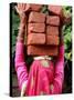 An Indian Woman Construction Worker Stacks Bricks on Her Head-null-Stretched Canvas