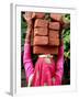 An Indian Woman Construction Worker Stacks Bricks on Her Head-null-Framed Photographic Print