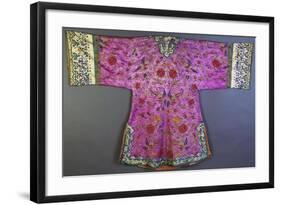 An Informal Robe of Mauve Satin Woven with a Floral Damask Repeat, Embroidered with Pheasants,…-null-Framed Giclee Print