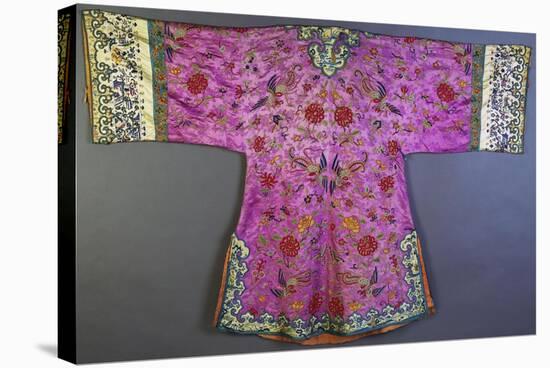 An Informal Robe of Mauve Satin Woven with a Floral Damask Repeat, Embroidered with Pheasants,…-null-Stretched Canvas