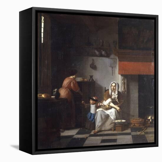 An Interior with a Woman, a Child and a Servant-Pieter de Hooch-Framed Stretched Canvas