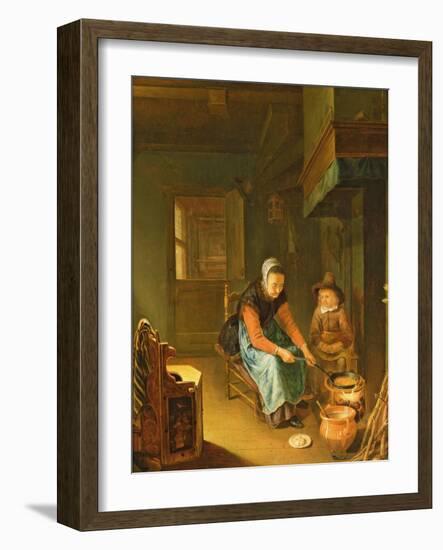An Interior with a Woman Cooking Pancakes with a Young Boy before a Hearth-Pieter van Slingelandt-Framed Giclee Print