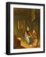 An Interior with a Woman Cooking Pancakes with a Young Boy before a Hearth-Pieter van Slingelandt-Framed Giclee Print