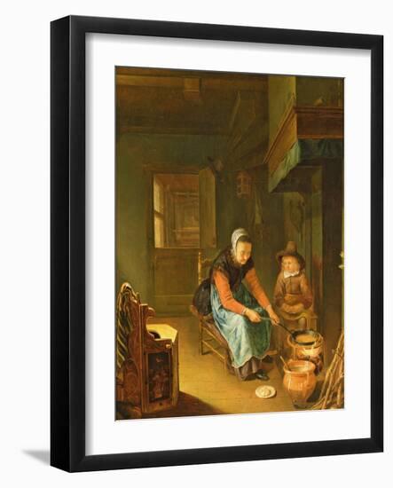 An Interior with a Woman Cooking Pancakes with a Young Boy before a Hearth-Pieter van Slingelandt-Framed Giclee Print