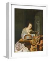An Interior with a Woman Reading Music at a Partially Draped Table with a Double-Head Lute, 1671 (O-Frans Van Mieris-Framed Giclee Print