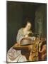 An Interior with a Woman Reading Music at a Partially Draped Table with a Double-Head Lute, 1671 (O-Frans Van Mieris-Mounted Giclee Print