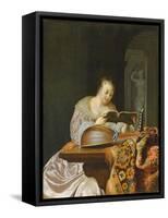 An Interior with a Woman Reading Music at a Partially Draped Table with a Double-Head Lute, 1671 (O-Frans Van Mieris-Framed Stretched Canvas