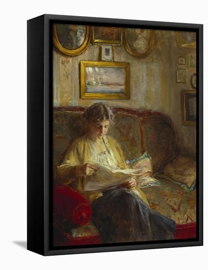 An Interior with a Woman Reading on a Sofa-Bertha Wegmann-Framed Stretched Canvas