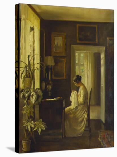 An Interior with a Woman Sewing-Carl Holsoe-Stretched Canvas