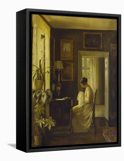An Interior with a Woman Sewing-Carl Holsoe-Framed Stretched Canvas