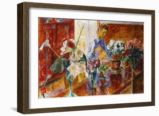 An Interior with a Woman Watering Plants, (Oil on Canvas)-Isaac Grunwald-Framed Giclee Print