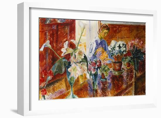 An Interior with a Woman Watering Plants, (Oil on Canvas)-Isaac Grunwald-Framed Giclee Print