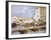 An Italian Donkey Temporarily Blocks Traffic on a Pontoon Bridge at Sacile-Martin Hardie-Framed Art Print