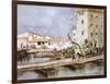 An Italian Donkey Temporarily Blocks Traffic on a Pontoon Bridge at Sacile-Martin Hardie-Framed Art Print