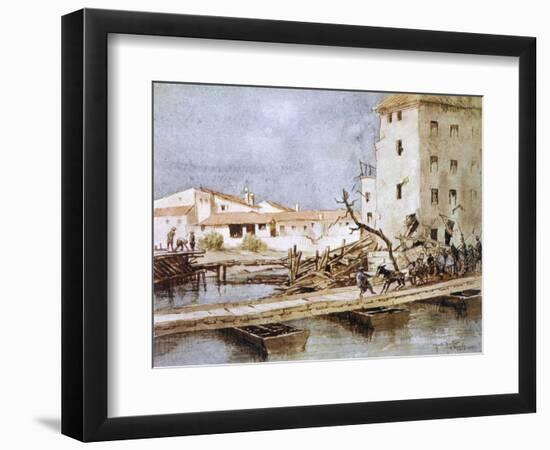 An Italian Donkey Temporarily Blocks Traffic on a Pontoon Bridge at Sacile-Martin Hardie-Framed Art Print