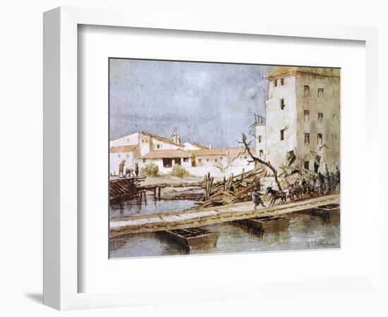 An Italian Donkey Temporarily Blocks Traffic on a Pontoon Bridge at Sacile-Martin Hardie-Framed Art Print